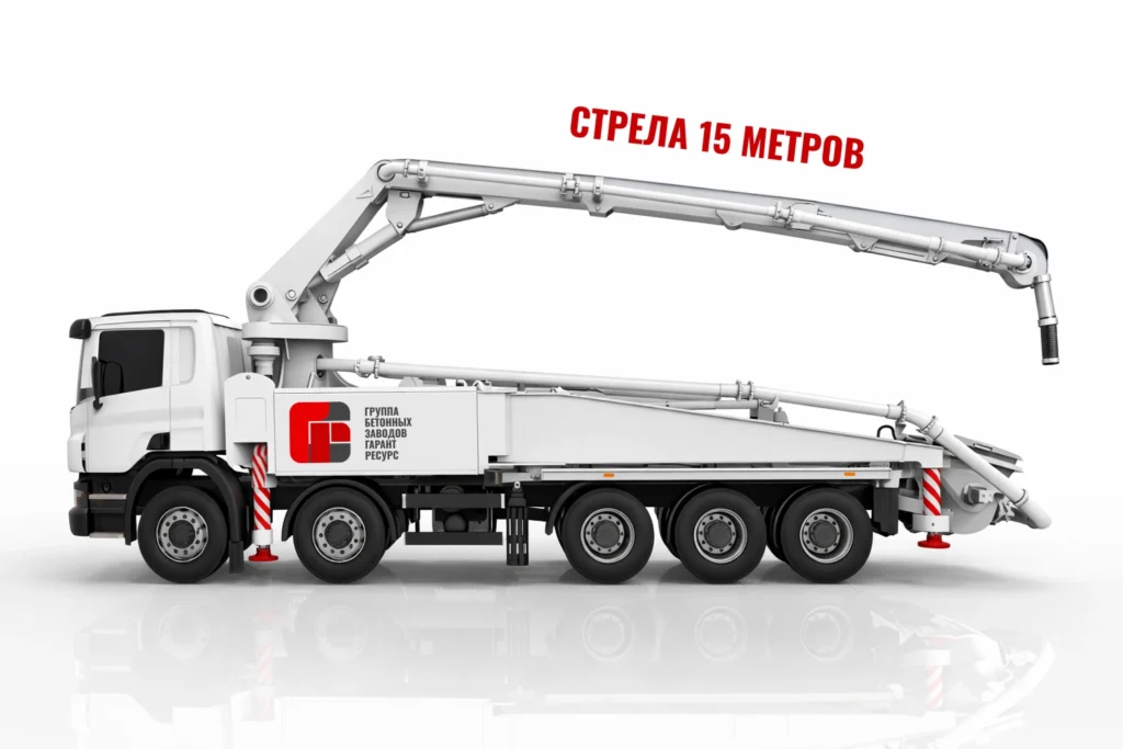 Автобетононасос со стрелой 15 м для подачи бетона на объекте в Клину