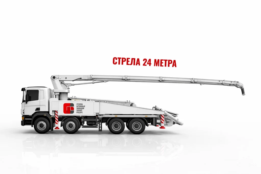 Автобетононасос со стрелой 24 м для подачи бетона на строительном объекте в Клину