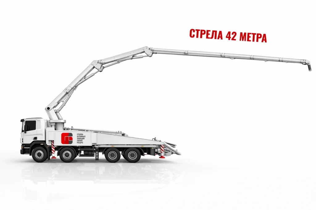 Автобетононасос со стрелой 42 м для подачи бетона на высоту в Клину